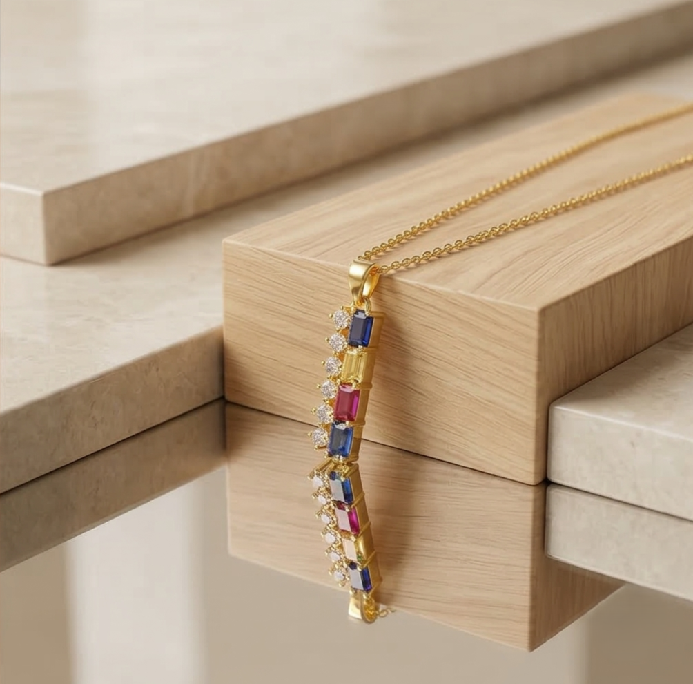 925 Sterling Silver Gold Plated Colorful Vertical Bar Pendant Necklace Jewellery for Women