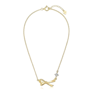 925 Sterling Silver Ribbon Bow Pendant Necklace for Women, Yellow Gold Finish Minimalist Jewellery