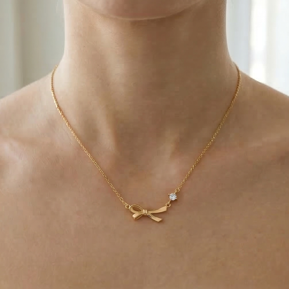925 Sterling Silver Ribbon Bow Pendant Necklace for Women, Yellow Gold Finish Minimalist Jewellery