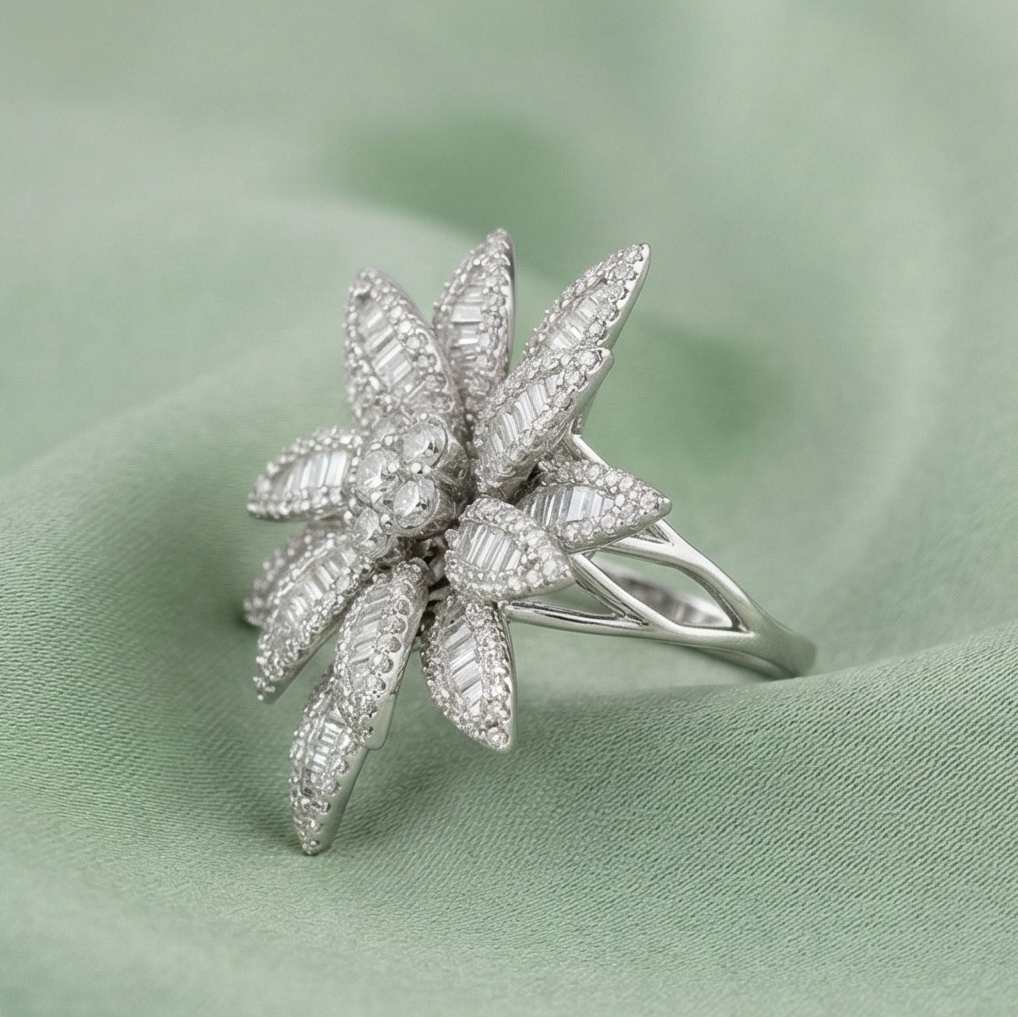 925 Sterling Silver Oversized Floral Statement Ring High Polish Rhodium Jewellery