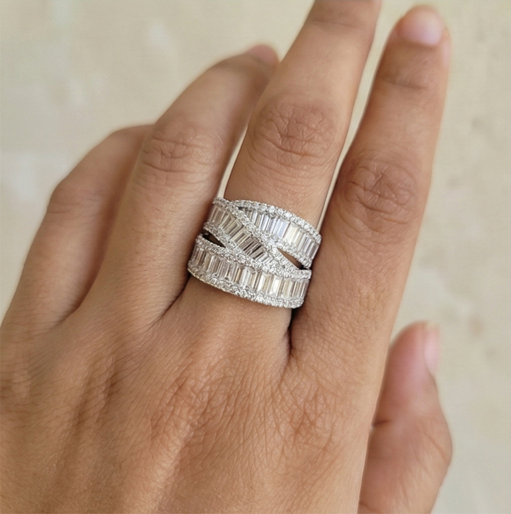 925 Sterling Silver Layered Criss-Cross Band Ring High Polish Rhodium Jewellery
