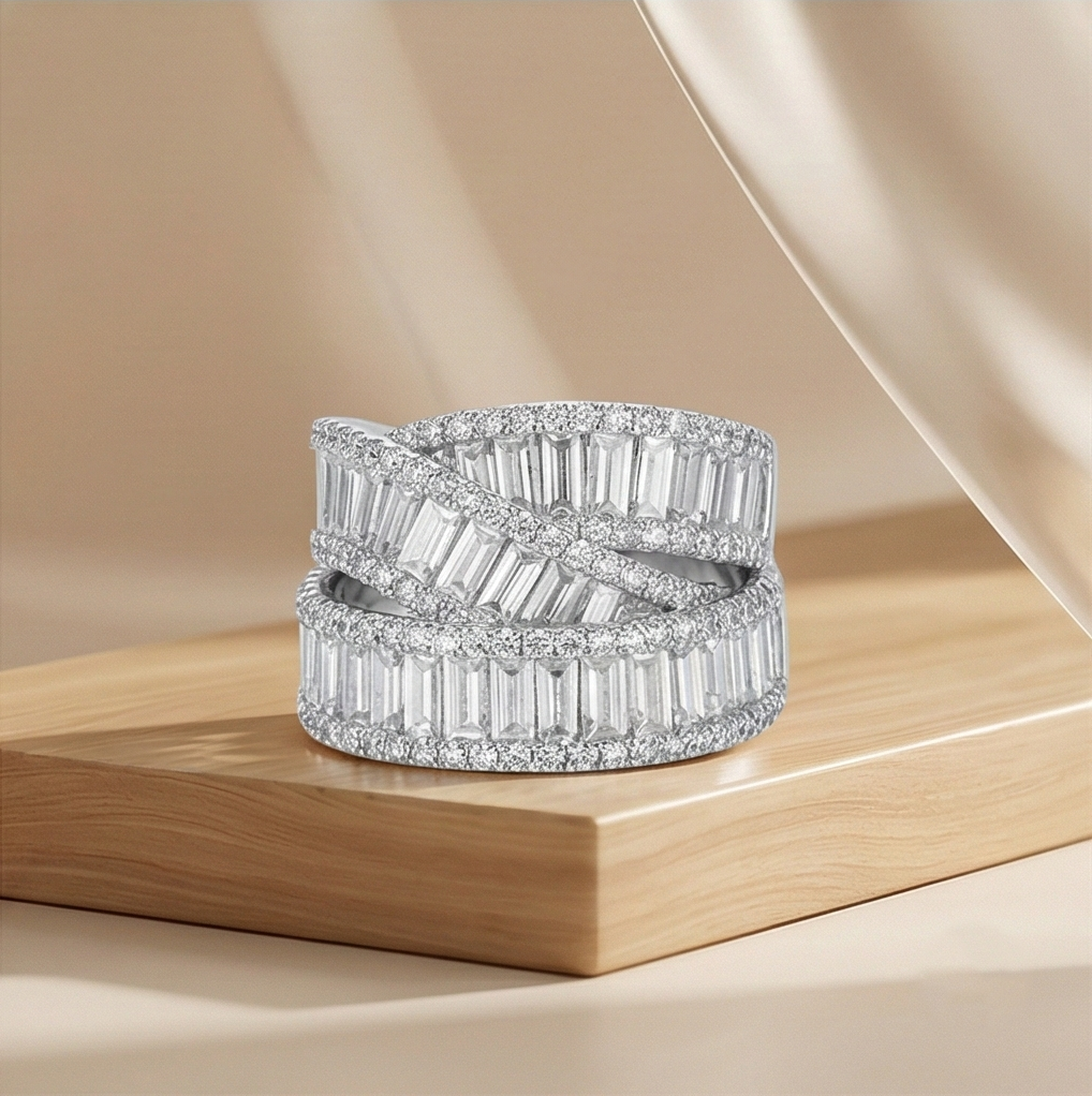 925 Sterling Silver Layered Criss-Cross Band Ring High Polish Rhodium Jewellery