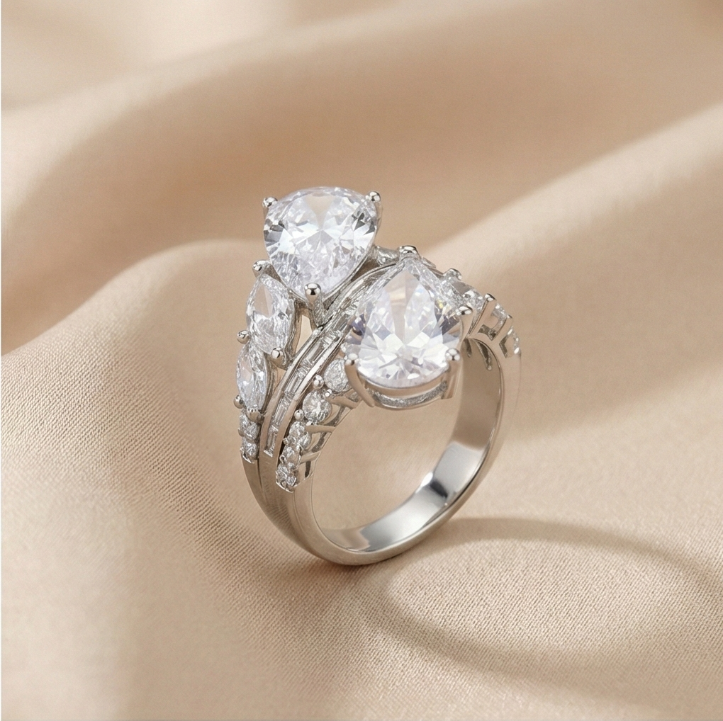 925 Sterling Silver Dual Pear Bypass Ring High Polish Rhodium Jewellery