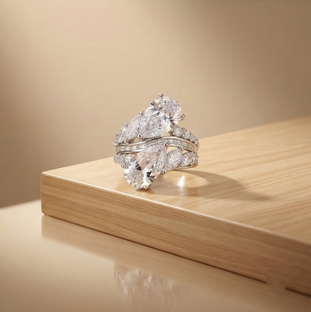925 Sterling Silver Dual Pear Bypass Ring High Polish Rhodium Jewellery