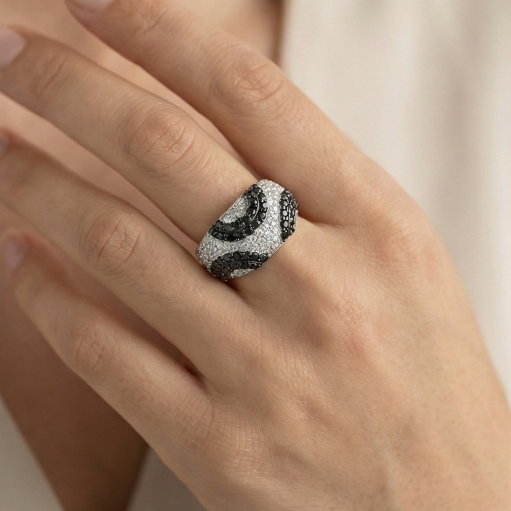 925 Sterling Silver Black & White Swirl Pattern Dome Ring High Polish Rhodium Jewellery - Size 6