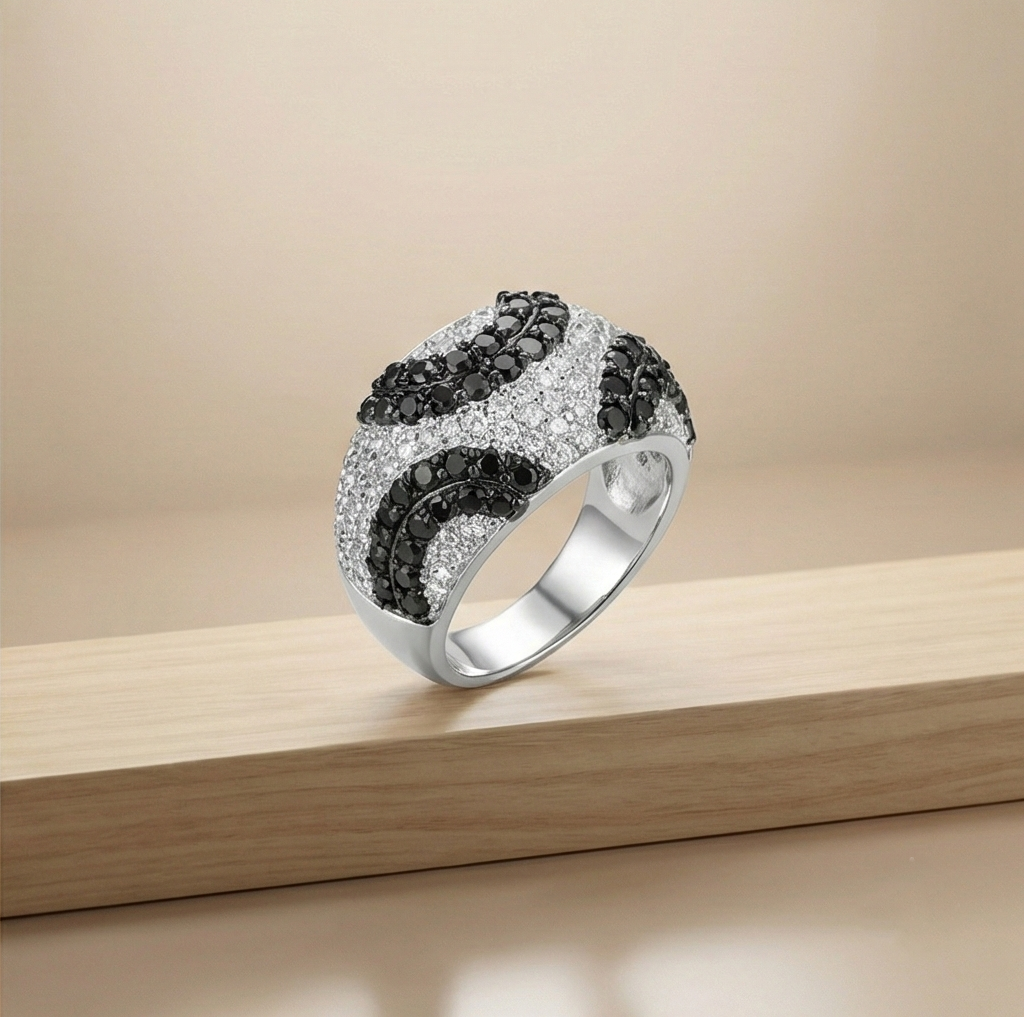 925 Sterling Silver Black & White Swirl Pattern Dome Ring High Polish Rhodium Jewellery - Size 6