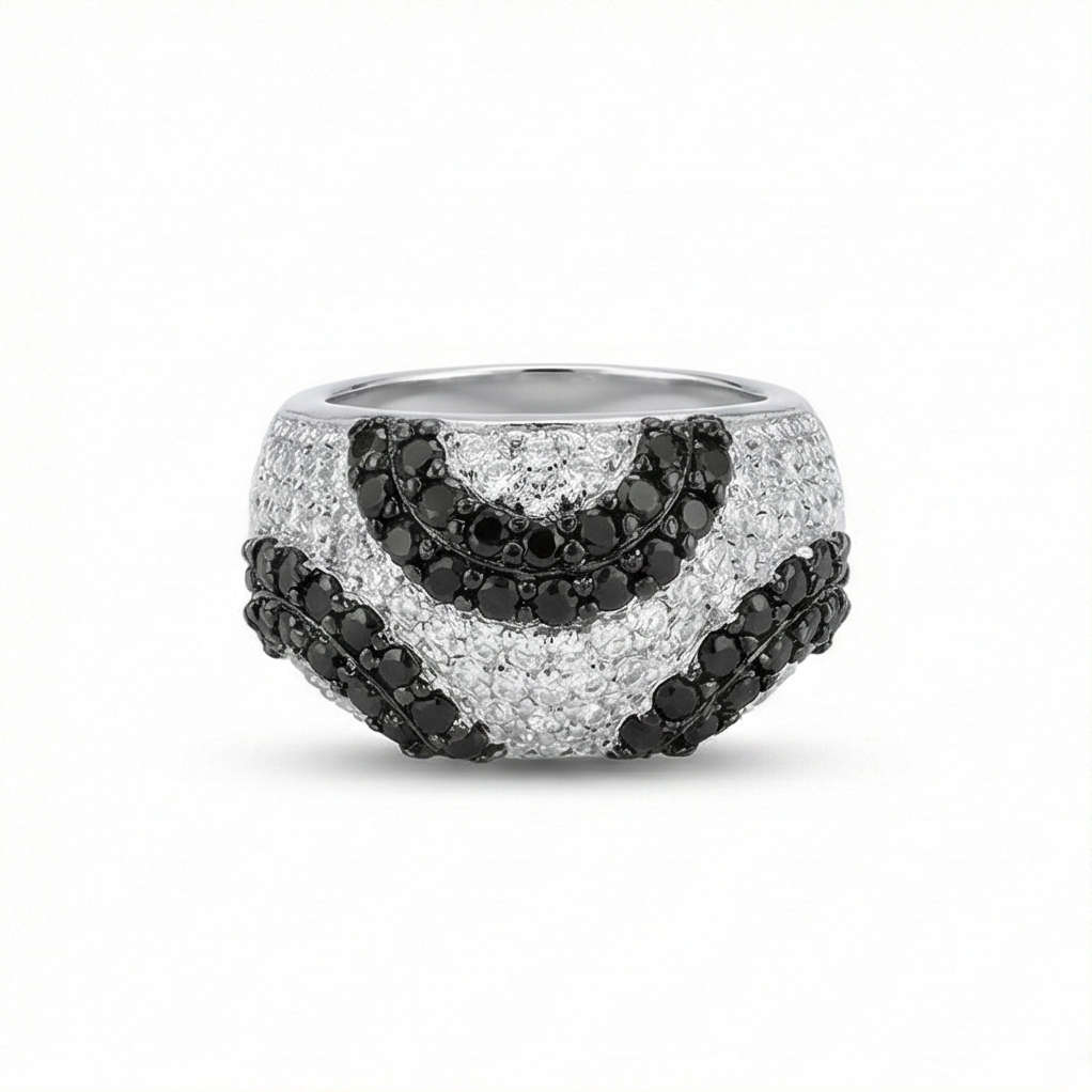 925 Sterling Silver Black & White Swirl Pattern Dome Ring High Polish Rhodium Jewellery - Size 7