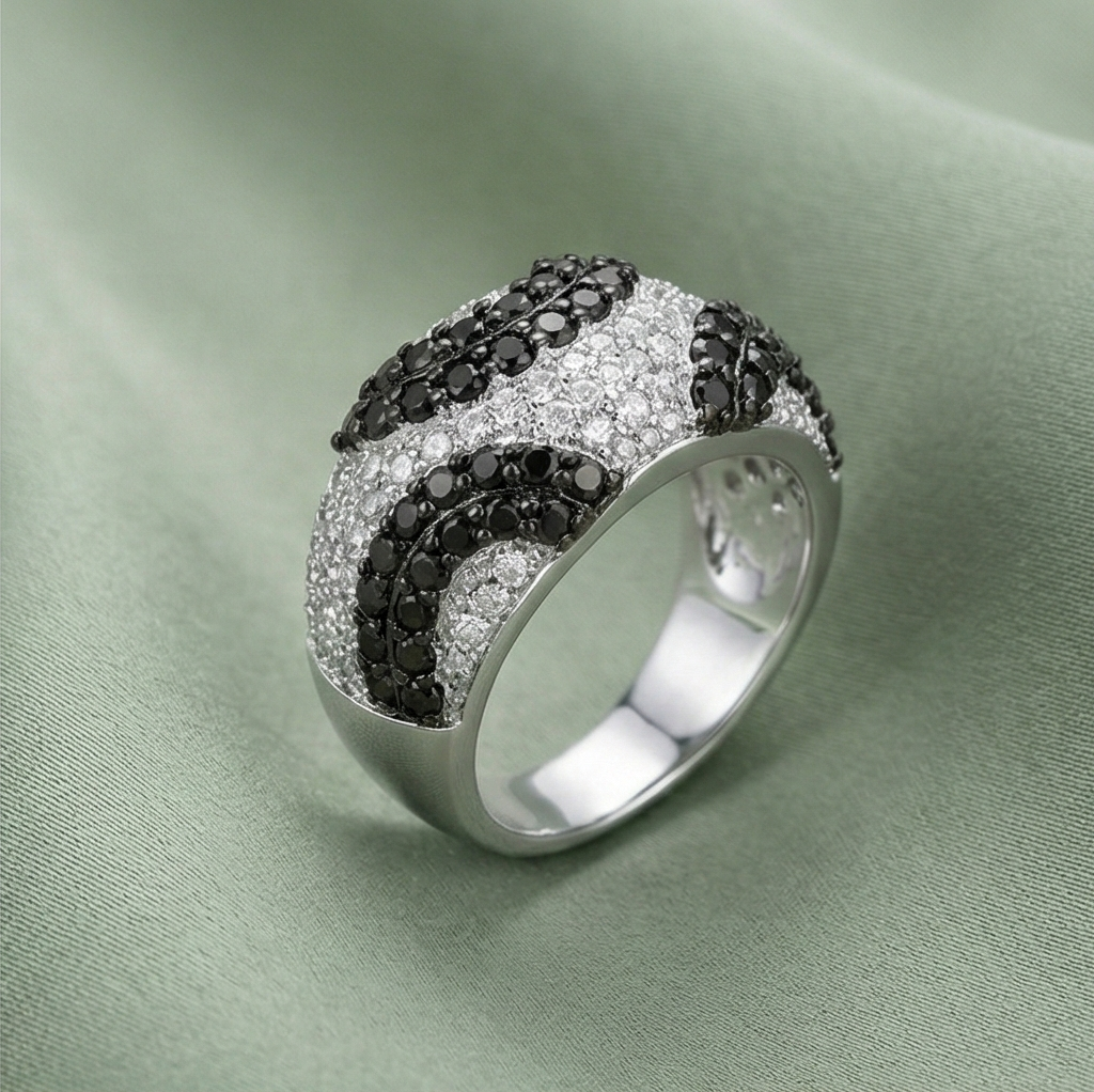 925 Sterling Silver Black & White Swirl Pattern Dome Ring High Polish Rhodium Jewellery - Size 5