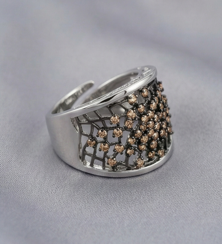 925 Sterling Silver Openwork Mesh Ring High Polish Rhodium Jewellery - Size 9