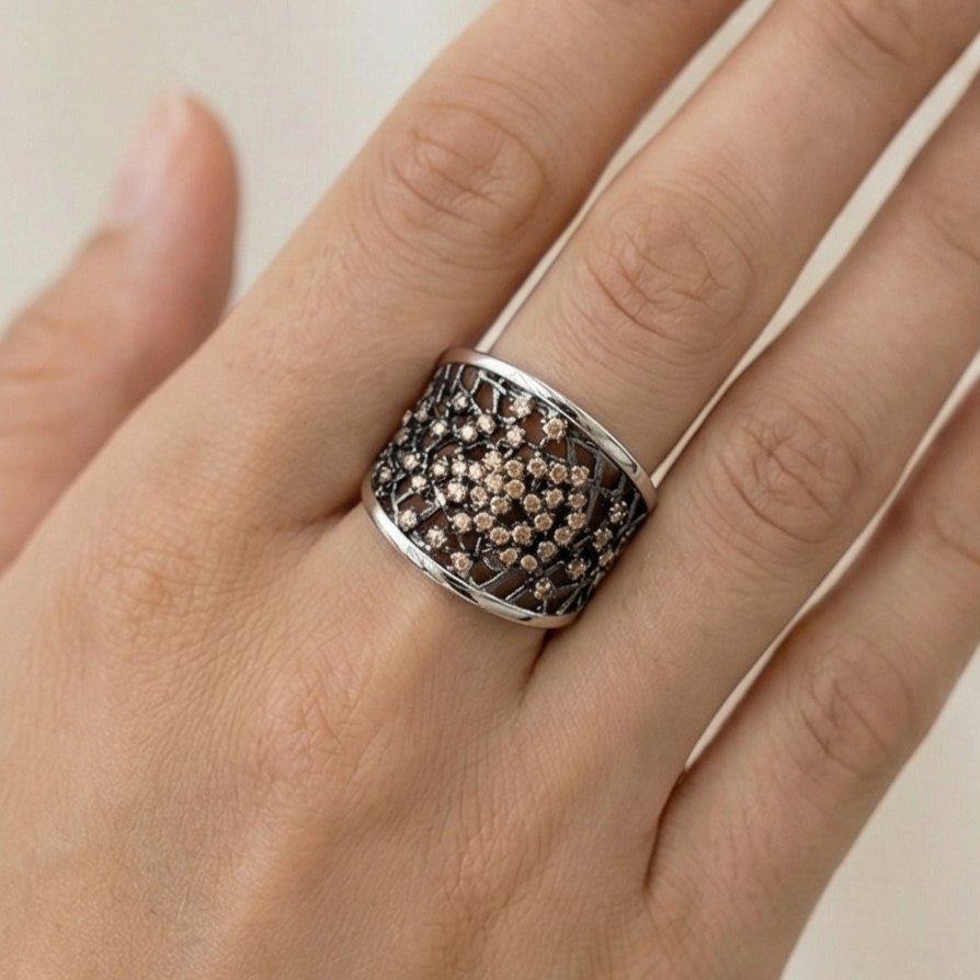 925 Sterling Silver Openwork Mesh Ring High Polish Rhodium Jewellery - Size 7