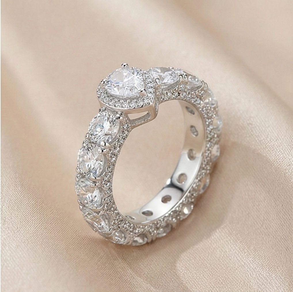 925 Sterling Silver Pear Halo Eternity Band Ring High Polish Rhodium Jewellery