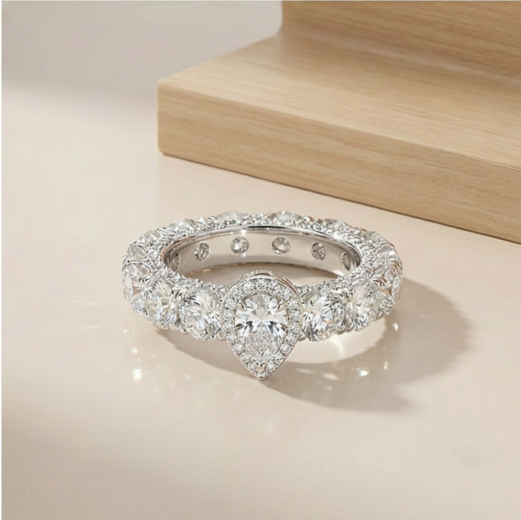925 Sterling Silver Pear Halo Eternity Band Ring High Polish Rhodium Jewellery