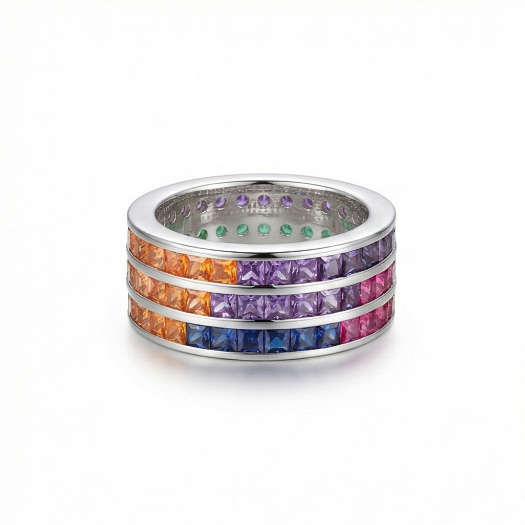 925 Sterling Silver Rainbow Multi-Row Band Ring High Polish Rhodium Jewellery - Size 7