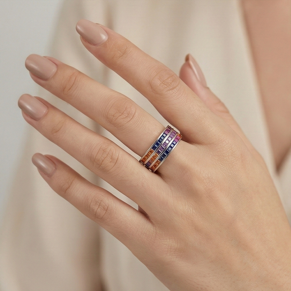 925 Sterling Silver Rainbow Multi-Row Band Ring High Polish Rhodium Jewellery - Size 7