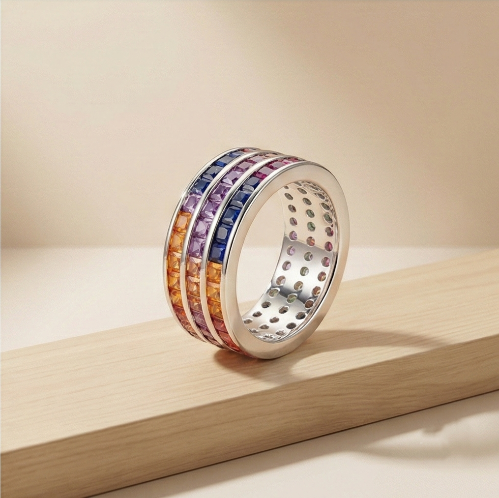 925 Sterling Silver Rainbow Multi-Row Band Ring High Polish Rhodium Jewellery - Size 7