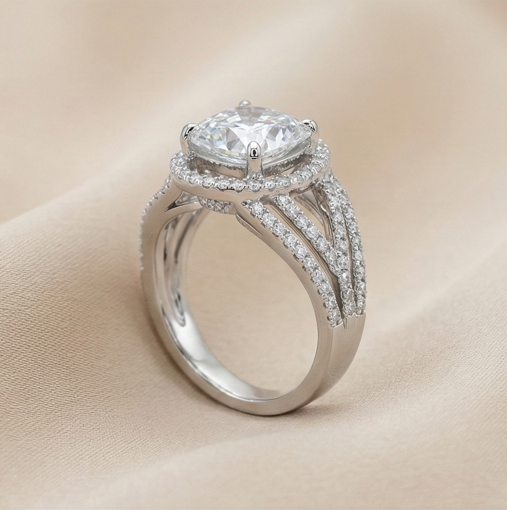 925 Sterling Silver Cushion Cut Criss-Cross Halo Ring High Polish Rhodium Finish Elegant Jewellery - Size 8