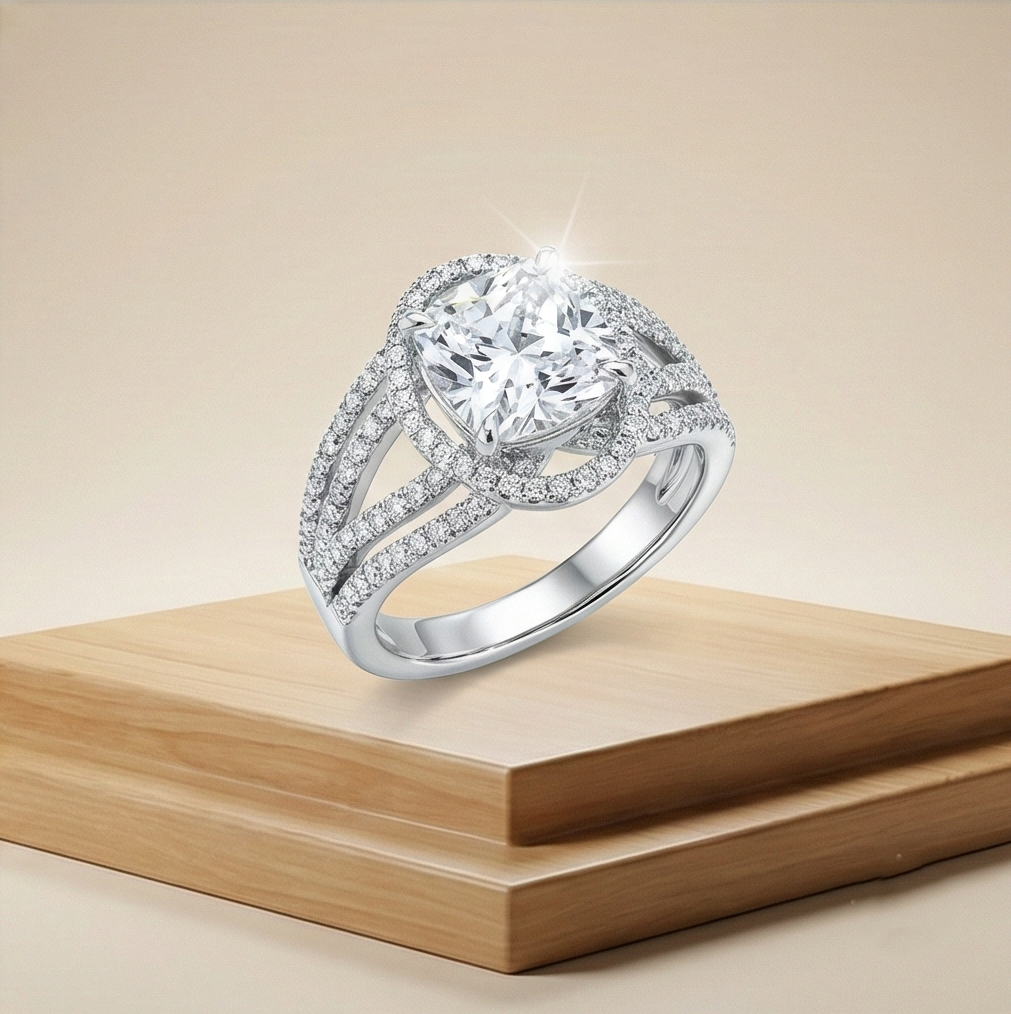 925 Sterling Silver Cushion Cut Criss-Cross Halo Ring High Polish Rhodium Finish Elegant Jewellery - Size 8