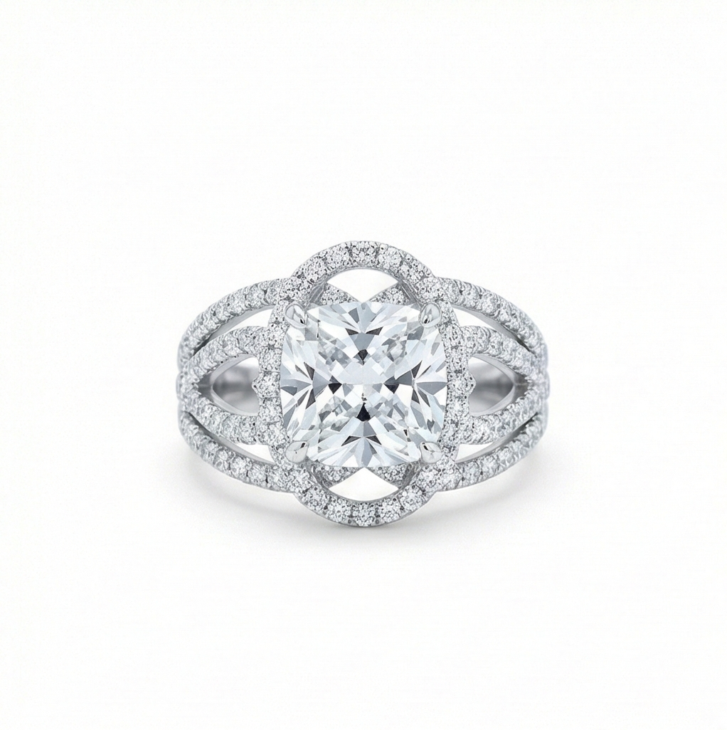 925 Sterling Silver Cushion Cut Criss-Cross Halo Ring High Polish Rhodium Finish Elegant Jewellery - Size 7