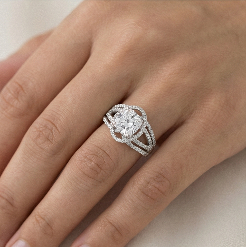 925 Sterling Silver Cushion Cut Criss-Cross Halo Ring High Polish Rhodium Finish Elegant Jewellery - Size 7