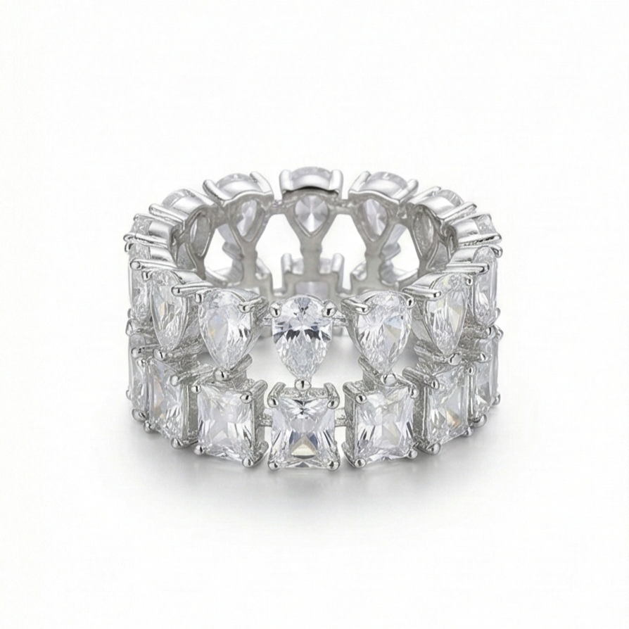 925 Sterling Silver Double Row Statement Ring High Polish Rhodium Finish Elegant Jewellery for Women - Size 8