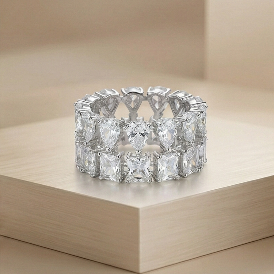 925 Sterling Silver Double Row Statement Ring High Polish Rhodium Finish Elegant Jewellery for Women - Size 8
