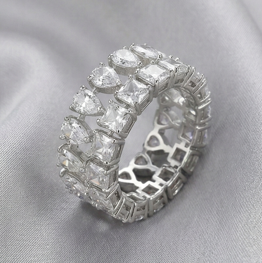 925 Sterling Silver Double Row Statement Ring High Polish Rhodium Finish Elegant Jewellery for Women - Size 7