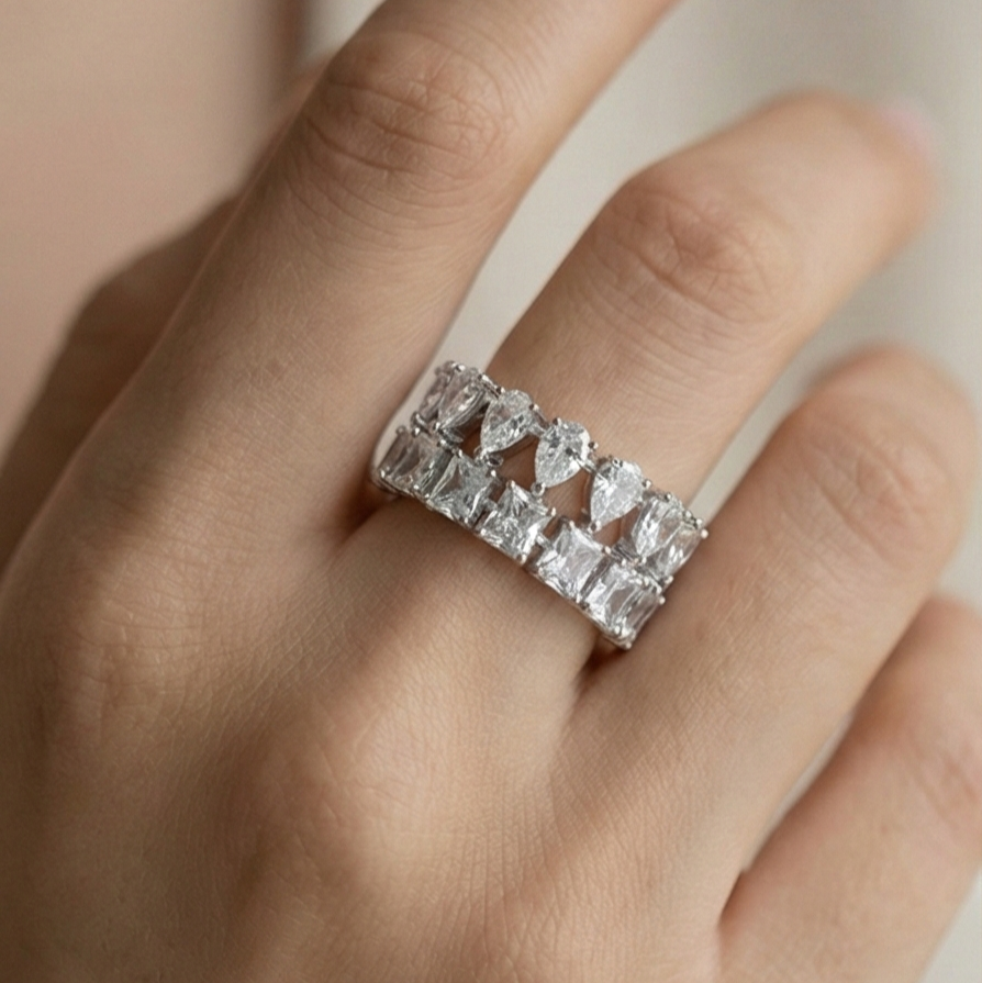 925 Sterling Silver Double Row Statement Ring High Polish Rhodium Finish Elegant Jewellery for Women - Size 7
