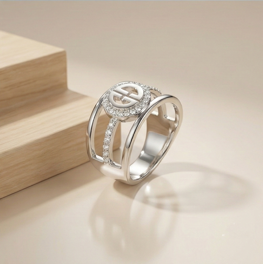 925 Sterling Silver Wide Cutout Geometric Ring High Polish Rhodium Finish Contemporary Jewellery - Size 7