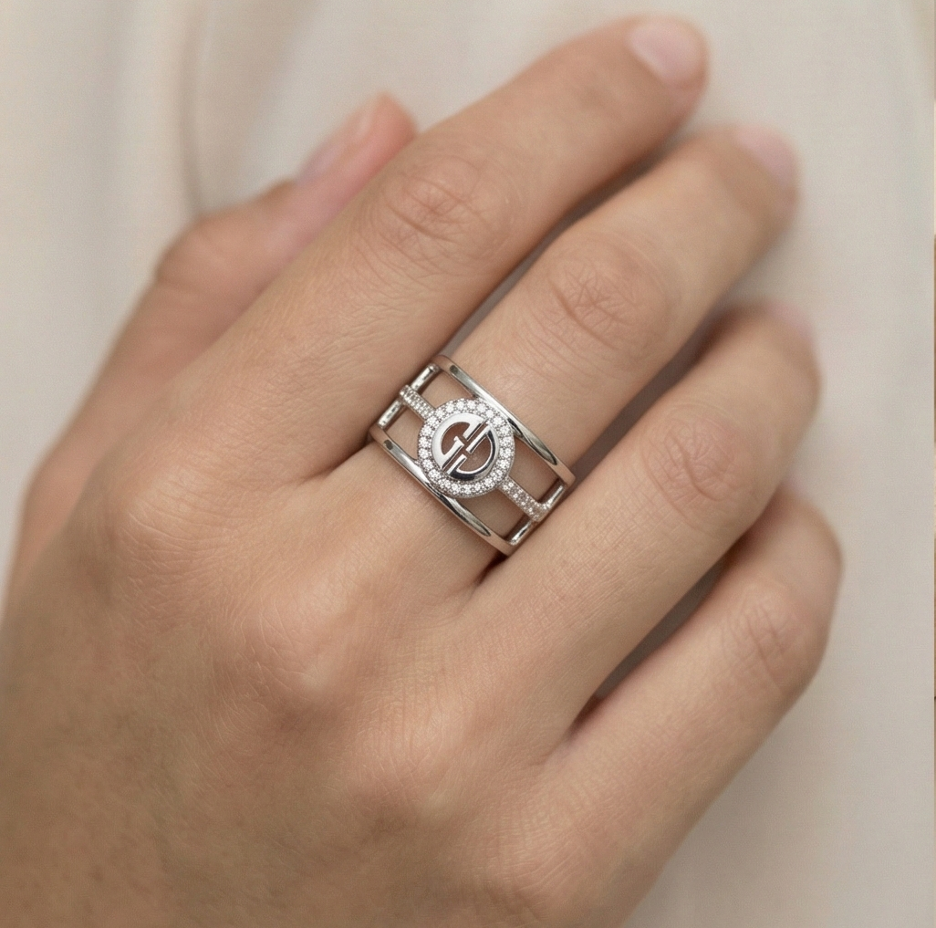 925 Sterling Silver Wide Cutout Geometric Ring High Polish Rhodium Finish Contemporary Jewellery - Size 6
