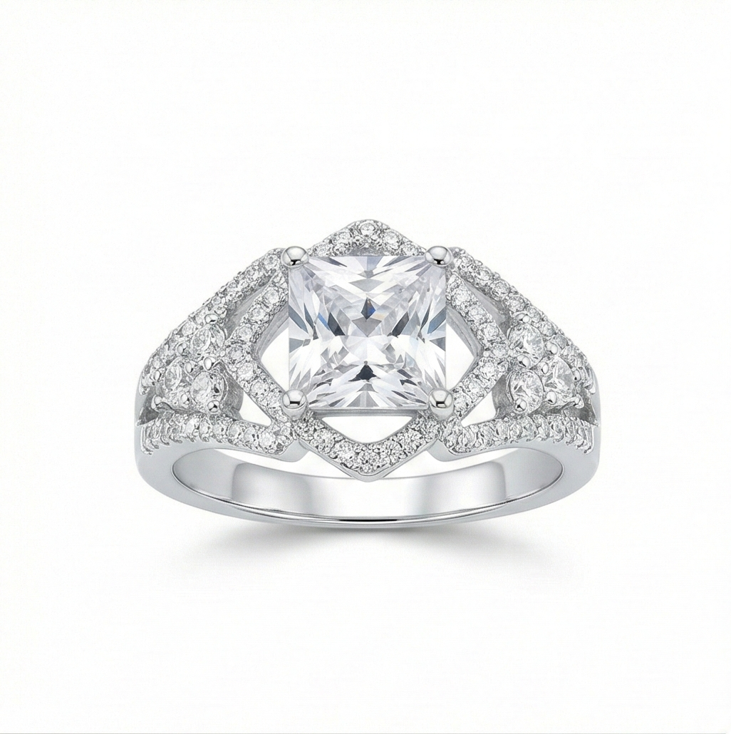925 Sterling Silver Princess Cut Halo Ring High Polish Rhodium Finish Statement Jewellery for Women - Size 8