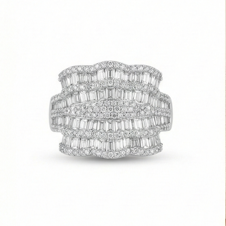 925 Sterling Silver Multi-Row Cocktail Ring High Polish Rhodium Finish Glamour Jewellery for Women - Size 8