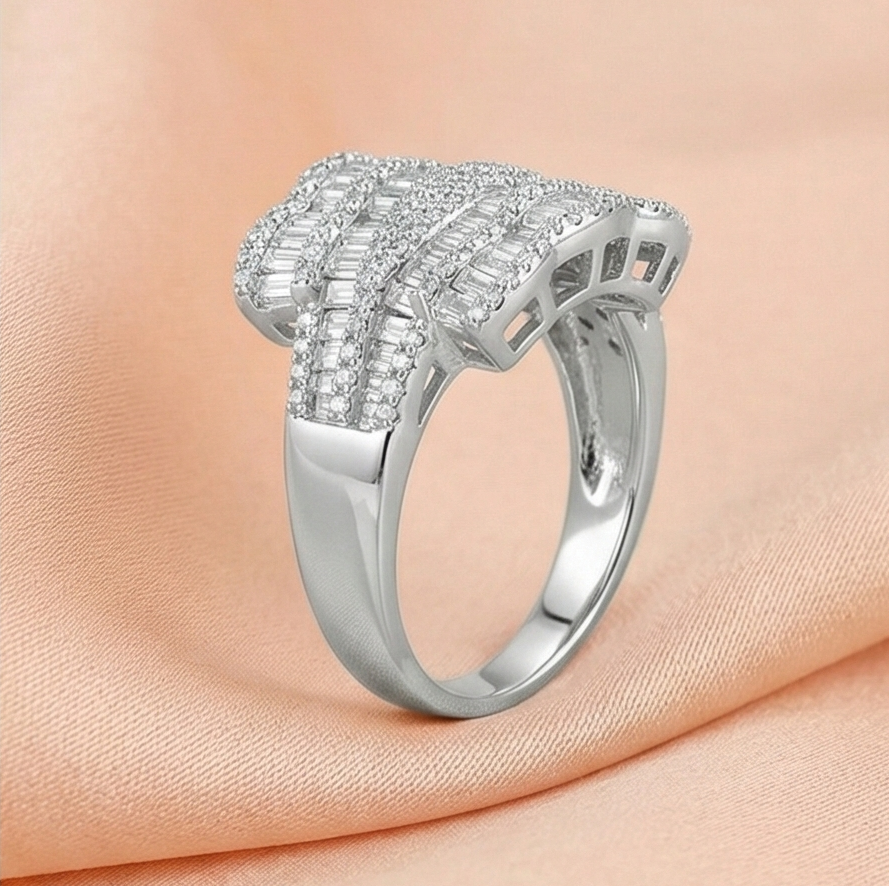 925 Sterling Silver Multi-Row Cocktail Ring High Polish Rhodium Finish Glamour Jewellery for Women - Size 8