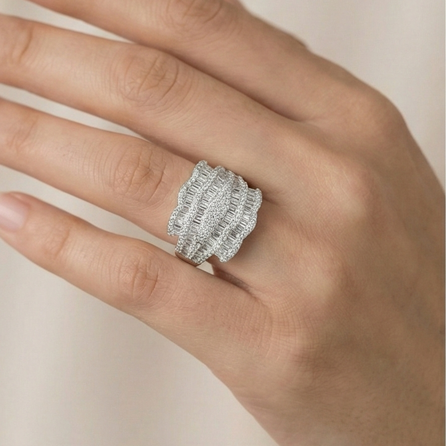 925 Sterling Silver Multi-Row Cocktail Ring High Polish Rhodium Finish Glamour Jewellery for Women - Size 8