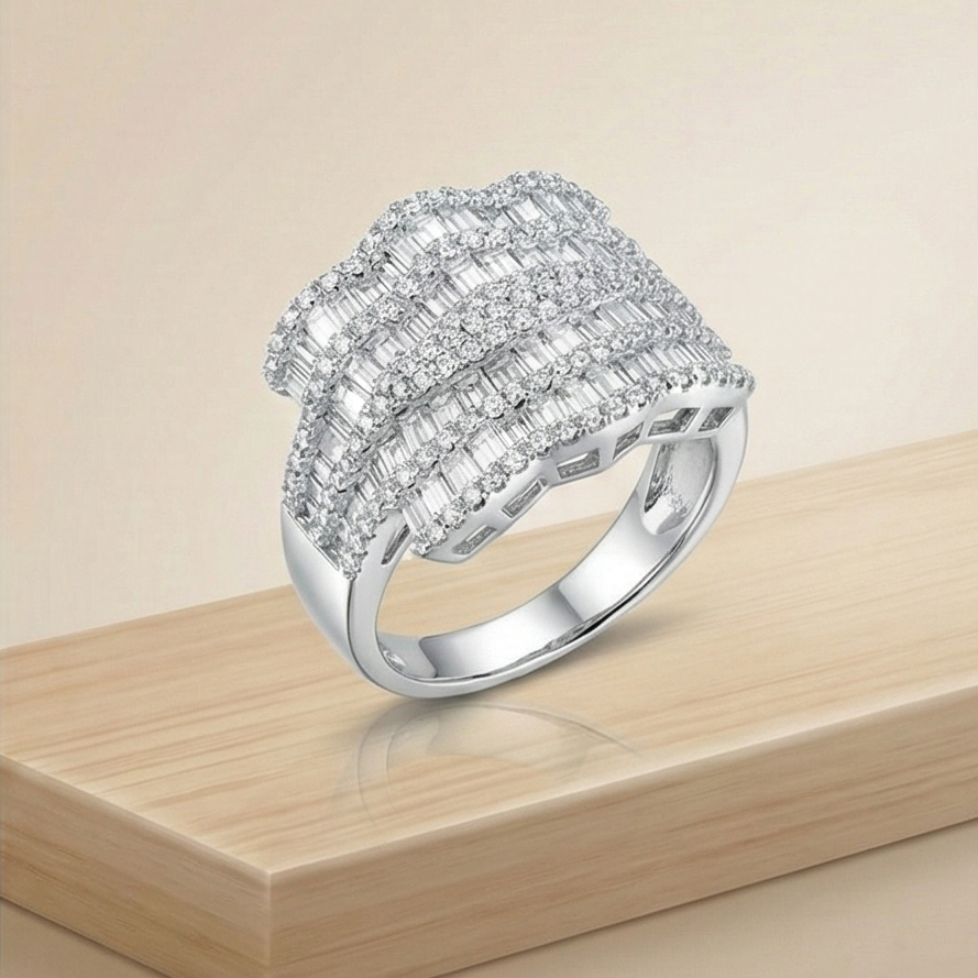 925 Sterling Silver Multi-Row Cocktail Ring High Polish Rhodium Finish Glamour Jewellery for Women - Size 7