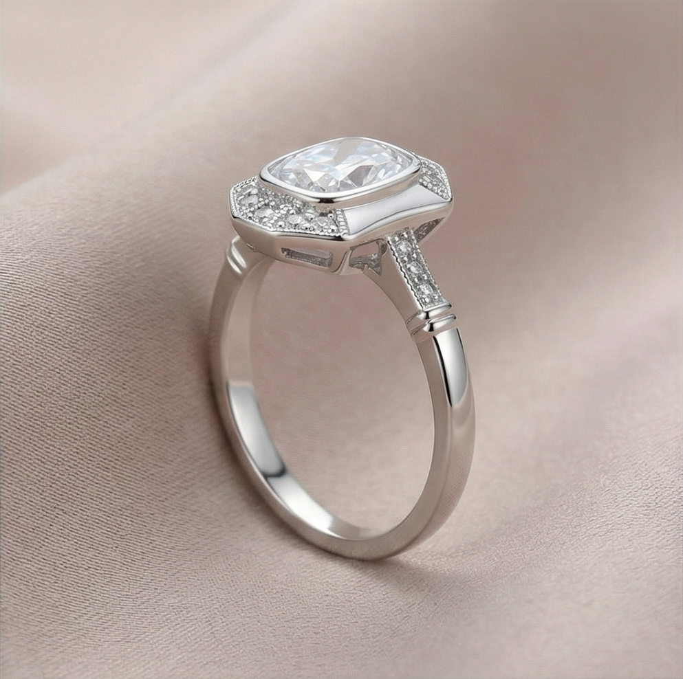 925 Sterling Silver Vintage Art Deco Halo Ring High Polish Rhodium Finish Classic Jewellery - Size 7