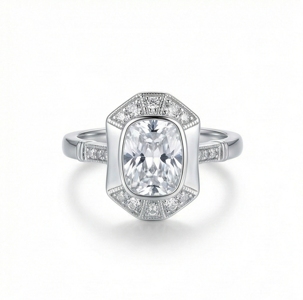 925 Sterling Silver Vintage Art Deco Halo Ring High Polish Rhodium Finish Classic Jewellery - Size 6