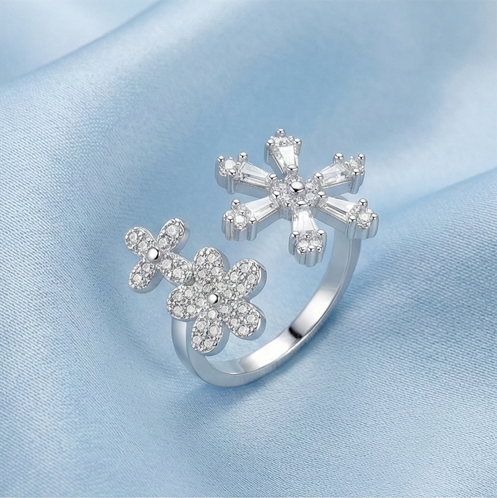 925 Sterling Silver Floral Snowflake Open Bypass Ring High Polish Rhodium Finish Delicate Jewellery