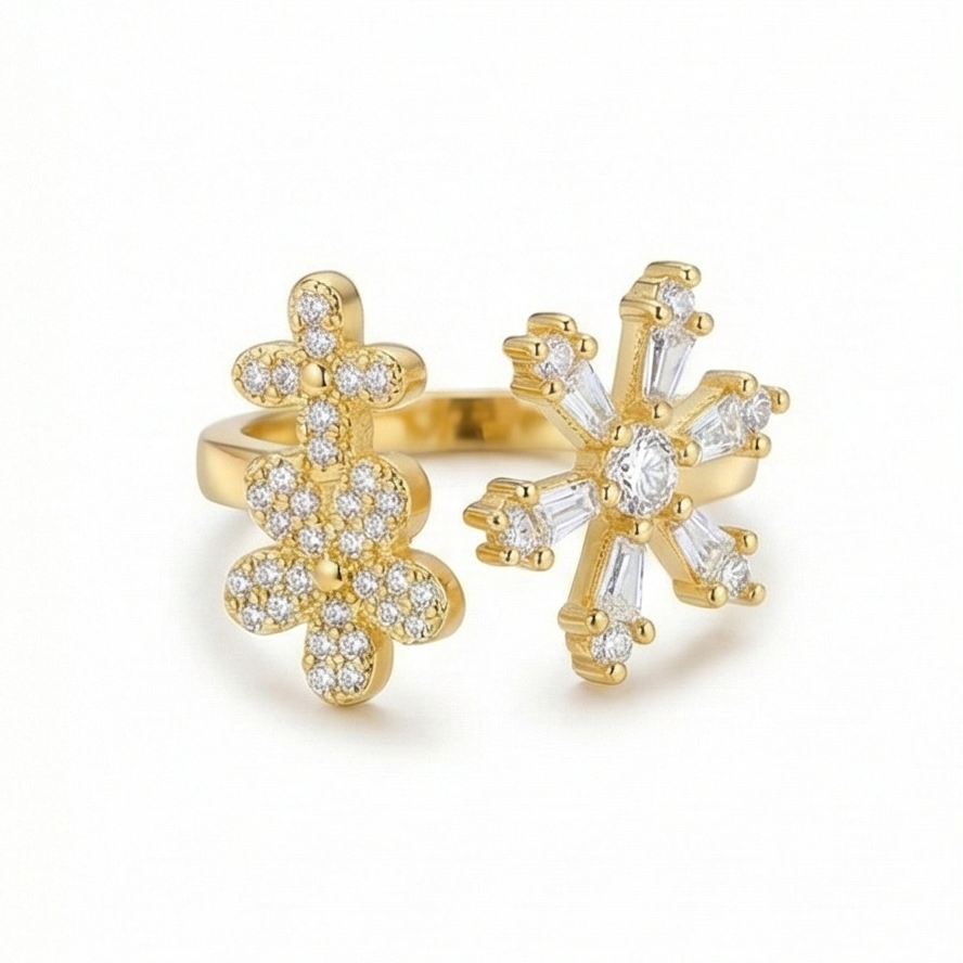 925 Sterling Silver Floral Snowflake Open Bypass Ring Gold Plated Finish Delicate Jewellery