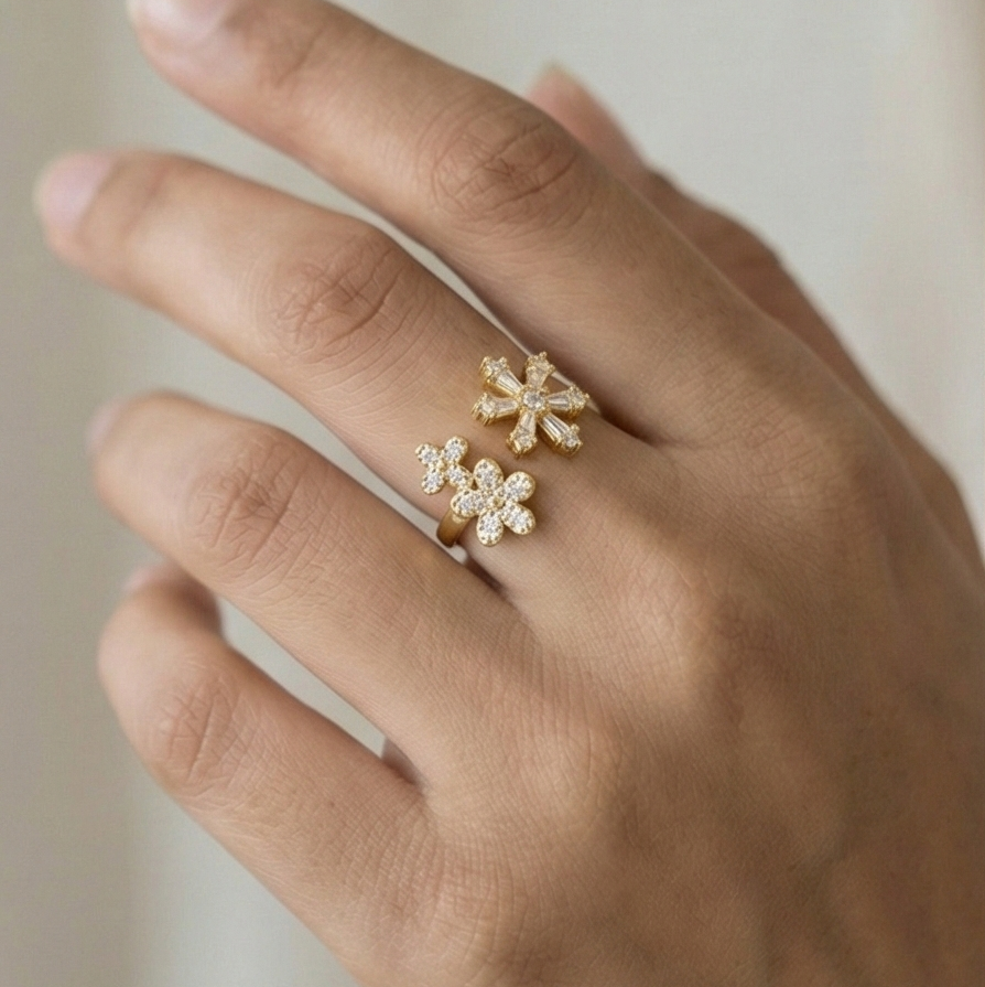 925 Sterling Silver Floral Snowflake Open Bypass Ring Gold Plated Finish Delicate Jewellery