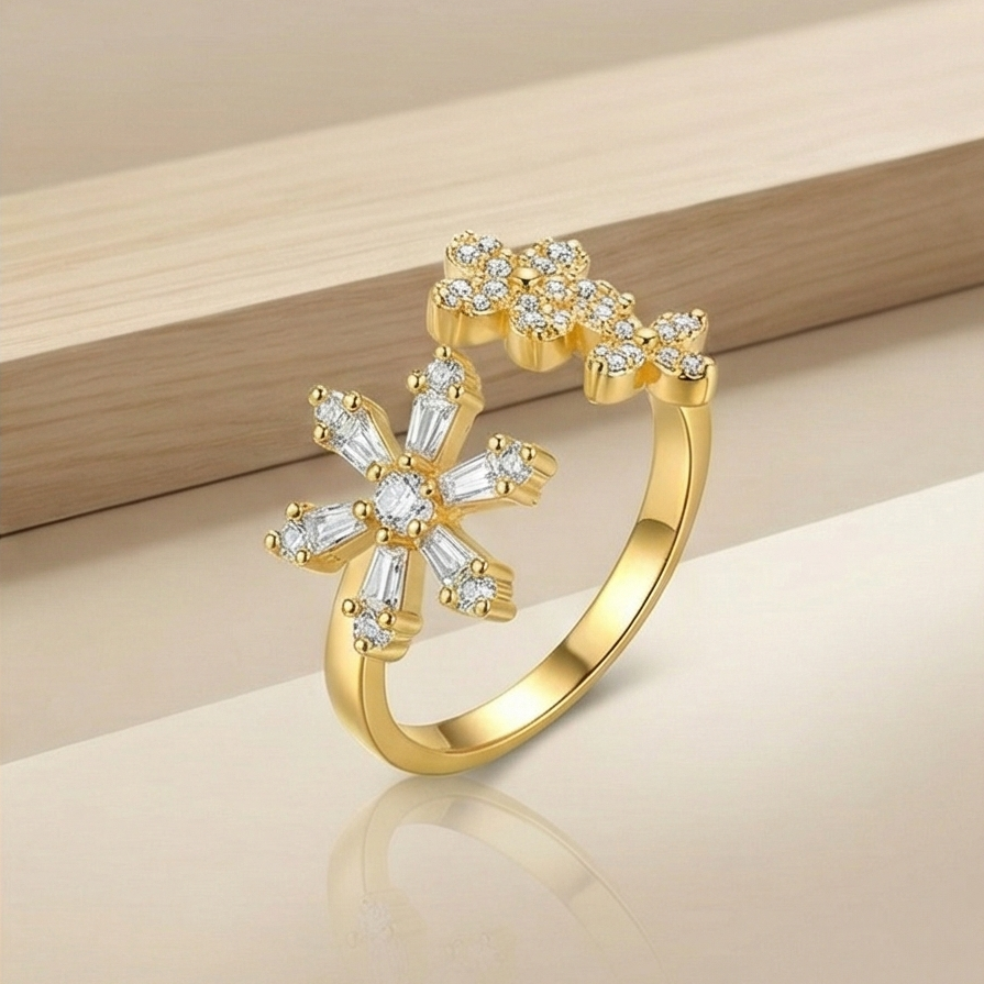 925 Sterling Silver Floral Snowflake Open Bypass Ring Gold Plated Finish Delicate Jewellery