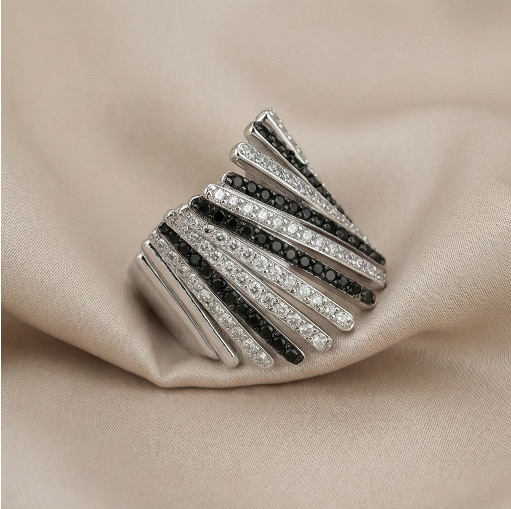 925 Sterling Silver Diagonal Bar Monochrome Statement Ring High Polish Rhodium Finish Bold Jewellery - Size 8