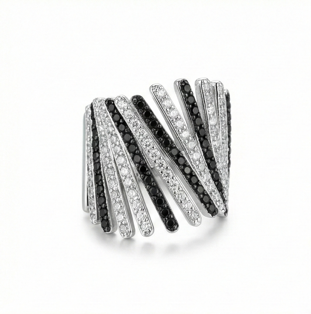 925 Sterling Silver Diagonal Bar Monochrome Statement Ring High Polish Rhodium Finish Bold Jewellery - Size 6