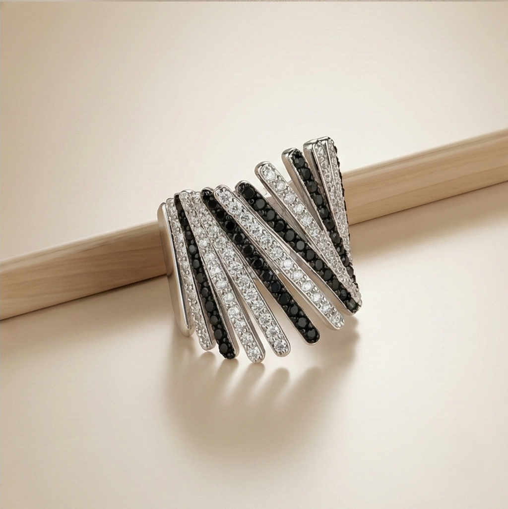 925 Sterling Silver Diagonal Bar Monochrome Statement Ring High Polish Rhodium Finish Bold Jewellery - Size 6