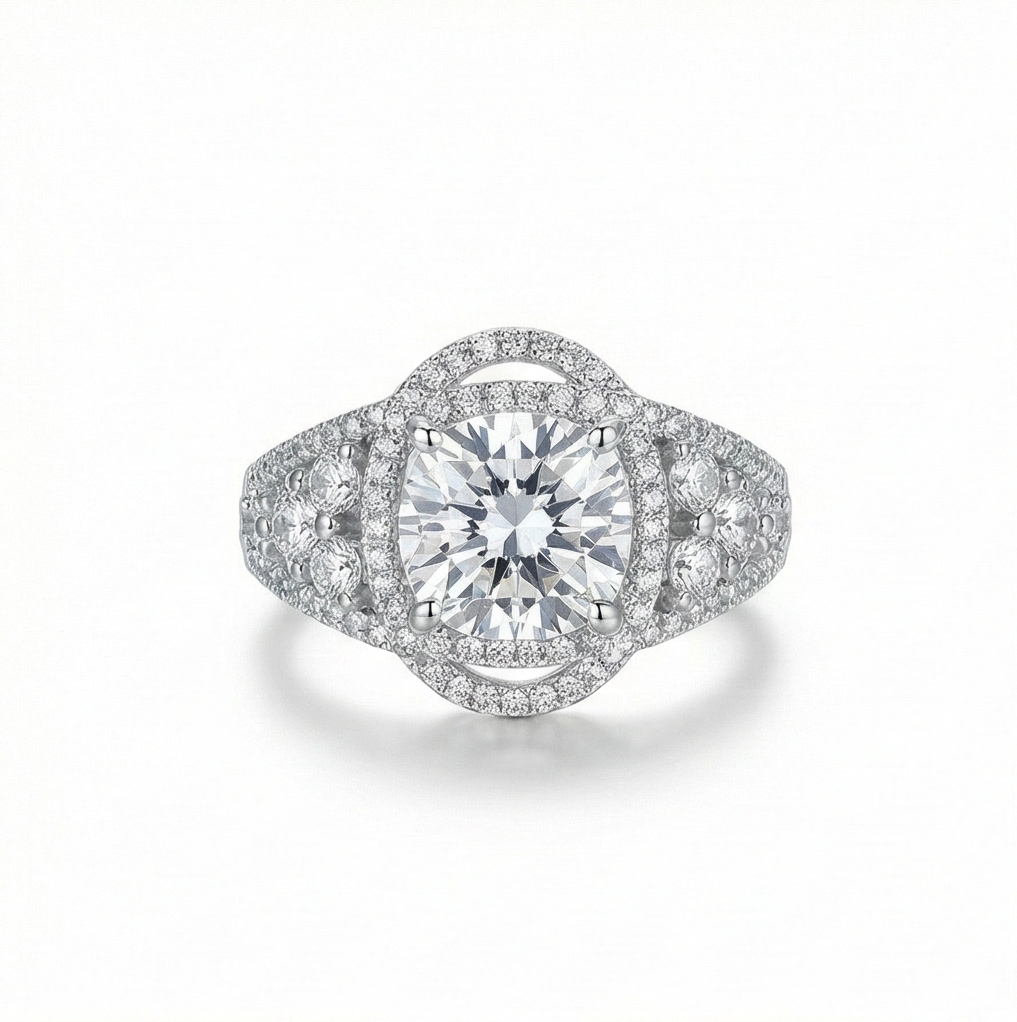 925 Sterling Silver Vintage Style Halo Statement Ring Jewellery with High Polish Rhodium Finish for Women