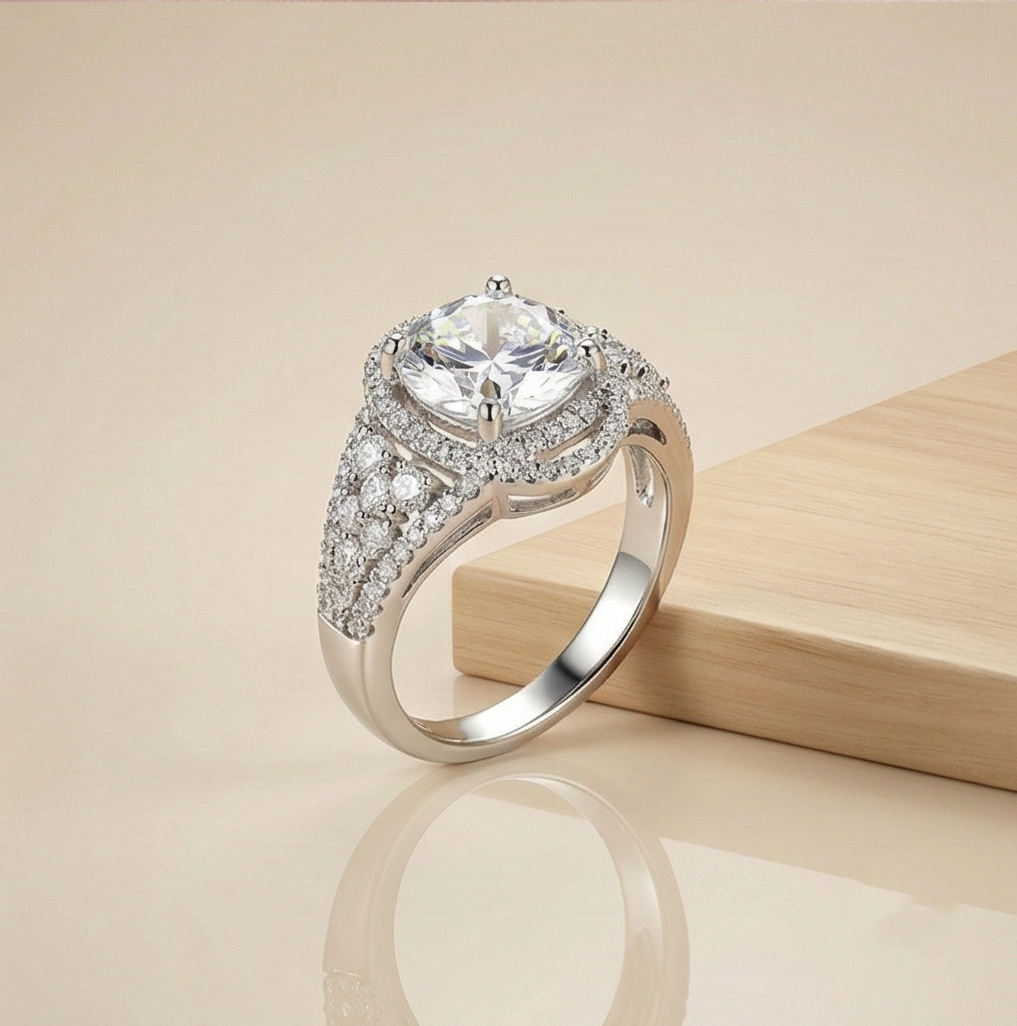 925 Sterling Silver Vintage Style Halo Statement Ring Jewellery with High Polish Rhodium Finish for Women