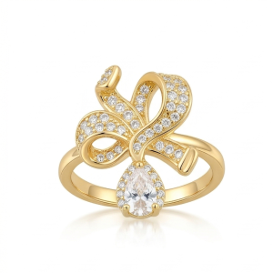925 Sterling Silver Bow Ribbon Clear Drop Ring Yellow Gold Finish Jewellery for Women - Size 8