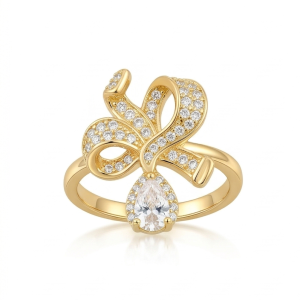 925 Sterling Silver Bow Ribbon Clear Drop Ring Yellow Gold Finish Jewellery for Women - Size 6