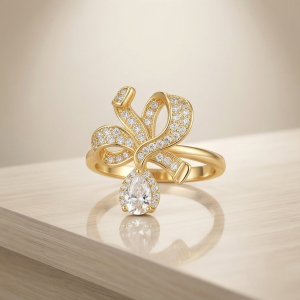 925 Sterling Silver Bow Ribbon Clear Drop Ring Yellow Gold Finish Jewellery for Women - Size 8