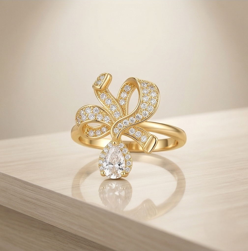 925 Sterling Silver Bow Ribbon Clear Drop Ring Yellow Gold Finish Jewellery for Women - Size 8