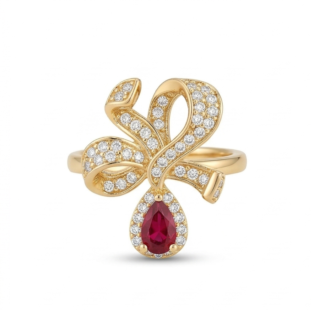 925 Sterling Silver Bow Ribbon Red Drop Ring Yellow Gold Finish Jewellery for Women - Size 8
